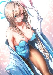 Rule 34 | 1girl, absurdres, adapted costume, alternate hairstyle, animal ear hairband, animal ears, asuna (blue archive), asuna (bunny) (blue archive), bare shoulders, black pantyhose, blonde hair, blue archive, blue eyes, blue halo, blue kimono, blush, breasts, cleavage, collarbone, commentary, covered erect nipples, covered navel, eyes visible through hair, fake animal ears, gloves, gluteal fold, hair between eyes, hair over breasts, hair over shoulder, hair tie, halo, highres, holding hairband, japanese clothes, kimono, kimono on shoulders, large breasts, leotard, long hair, looking at viewer, low neckline, mole, mole on breast, official alternate costume, one eye closed, pantyhose, petal print, playboy bunny, rabbit ear hairband, rabbit ears, sayu mypace, shiny skin, simple background, smile, solo, standing, tight clothes, unworn hairband, very long hair, white gloves, wide hips