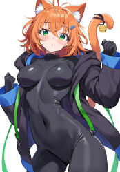 Rule 34 | 1girl, :o, absurdres, animal ears, black gloves, black jacket, bodysuit, cat ears, cat girl, cat tail, commentary request, gloves, green eyes, highres, ichi-jirushi, jacket, long sleeves, looking at viewer, orange eyes, original, simple background, solo, tail, white background