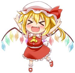 Rule 34 | &gt; &lt;, 1girl, :d, ascot, blonde hair, chibi, closed eyes, fang, flandre scarlet, happy, hat, highres, long hair, looking at viewer, mary janes, mob cap, nichika (nitikapo), one side up, open mouth, outstretched arms, shoes, simple background, smile, solo, spread arms, touhou, white background, wings, xd