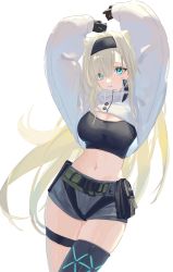 Rule 34 | 1girl, animal ears, arknights, arms up, aurora (arknights), aurora (elite ii) (arknights), bear ears, belt, belt pouch, black gloves, black hairband, blonde hair, blue eyes, blush, breasts, cleavage, cowboy shot, crop top, gloves, grey shorts, hair over one eye, hairband, highres, infection monitor (arknights), long hair, long sleeves, medium breasts, midriff, nakatsuka123, navel, parted lips, pouch, short shorts, shorts, shrug (clothing), simple background, solo, stomach, thigh strap, very long hair, white background