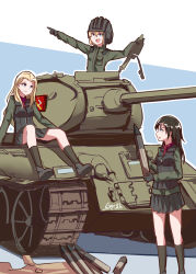 Rule 34 | 10s, 3girls, :d, absurdres, arm support, artist name, black footwear, black gloves, black hair, black skirt, black vest, blonde hair, blue eyes, boots, clara (girls und panzer), closed mouth, emblem, fang, gar32, girls und panzer, gloves, green jacket, green jumpsuit, helmet, highres, holding, jacket, jumpsuit, katyusha (girls und panzer), light frown, long hair, long sleeves, looking at another, looking to the side, military, military uniform, military vehicle, miniskirt, motor vehicle, multiple girls, nonna (girls und panzer), open mouth, pleated skirt, pointing, pravda (emblem), pravda military uniform, red shirt, shirt, short hair, short jumpsuit, signature, sitting, skirt, smile, standing, swept bangs, t-34, t-34-85, tank, tank helmet, tank shell, turtleneck, uniform, vest