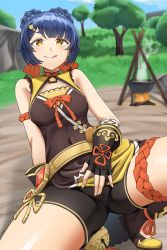 Rule 34 | 1girl, bare shoulders, black shorts, blue hair, braid, campfire, china dress, chinese clothes, dress, genshin impact, highres, looking at viewer, naughty face, pot, short hair, short shorts, shorts, sleeveless, solo, spread legs, springveiv, tree, twin braids, xiangling (genshin impact), yellow eyes