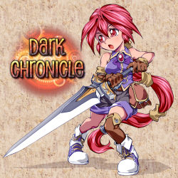 Rule 34 | 1girl, asymmetrical legwear, brooch, copyright name, dark chronicle, female focus, funnyari, gloves, highres, holding, holding sword, holding weapon, jewelry, level-5, long hair, mismatched legwear, monica raybrandt, open mouth, pink eyes, pink hair, ponytail, pouch, shoes, shorts, sleeveless, solo, sword, thighhighs, very long hair, weapon