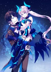 Rule 34 | 1boy, 1girl, black gloves, black hair, blue background, blue bow, blue eyes, blue footwear, boots, bow, braid, bridal gauntlets, carrying, ciel (elsword), detached sleeves, elsword, facial mark, forehead mark, french braid, gloves, gradient background, hand on another&#039;s cheek, hand on another&#039;s face, highres, horns, jeanyei, long hair, luciela r. sourcream, miniskirt, noblesse (elsword), pale skin, pants, pointy ears, ponytail, royal guard (elsword), skirt, smile, thigh boots, thighhighs, twintails, white hair