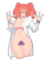 Rule 34 | 1girl, alternate hairstyle, aqua eyes, bracelet, breasts, censored, coat, collarbone, creatures (company), curvy, ditto, double w, game freak, gen 1 pokemon, hair between eyes, heart, jewelry, lab coat, large breasts, long hair, looking at viewer, naked labcoat, navel, nintendo, novelty censor, ooshio7734, orange hair, pokemon, pokemon (creature), pokemon swsh, simple background, sketch, solo, sonia (pokemon), standing, twintails, w, white background, white coat