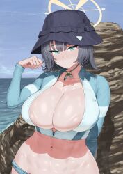 Rule 34 | 1girl, abs, blue archive, blue eyes, breasts, bucket hat, closed mouth, cropped shirt, day, grey hair, hat, highres, large breasts, long sleeves, looking at viewer, maruko tooto, medium hair, navel, outdoors, pants, saki (blue archive), saki (swimsuit) (blue archive), solo, standing, sweat, textless version