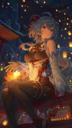 Rule 34 | 1girl, ahoge, architecture, bare shoulders, bell, black gloves, black pantyhose, blue hair, breasts, chinese knot, commentary, detached sleeves, douya (233), east asian architecture, flower knot, ganyu (genshin impact), genshin impact, gloves, gold trim, high heels, horns, lantern, long hair, looking to the side, medium breasts, neck bell, night, outdoors, pantyhose, paper lantern, parted lips, purple eyes, sidelocks, sitting, sitting on fence, solo, symbol-only commentary, tassel, thighlet, thighs, vision (genshin impact), white sleeves