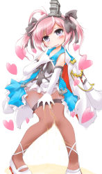Rule 34 | 1girl, anbee (arary), azur lane, bare shoulders, black bow, black pantyhose, blush, bow, dress, elbow gloves, female focus, full body, gloves, hair bow, hair ornament, hairband, hand up, heart, highres, jacket, jacket on shoulders, knees together feet apart, looking at viewer, \n/, open mouth, panties, panties under pantyhose, pantyhose, pantyshot, peeing, peeing self, pigeon-toed, pink hair, puddle, purple eyes, saratoga (azur lane), shoes, short dress, short twintails, simple background, sleeveless, sleeveless dress, smile, solo, standing, sweat, tears, twintails, underwear, wet, wet clothes, white background, white dress, white footwear, white gloves, white jacket, white panties