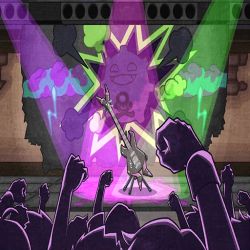 Rule 34 | arm up, audience, cameo, clenched hand, creatures (company), electric guitar, fist pump, game cg, game freak, gen 1 pokemon, guitar, hand up, instrument, koffing, nintendo, official art, pokemon, pokemon (creature), pokemon bw2, pokemon gym, pokemon masters ex, purple theme, silhouette, stage, stage lights
