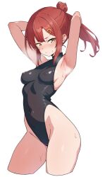 1girl armpits arms_behind_head black_one-piece_swimsuit breasts commentary_request covered_erect_nipples hair_ornament hairclip highleg highleg_one-piece_swimsuit highres kamidan looking_at_viewer medium_breasts one-piece_swimsuit original ponytail red_hair risa_(kamidan) short_hair sidelocks simple_background solo sweat swimsuit white_background yellow_eyes