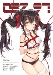 Rule 34 | 1girl, arms behind back, bad id, bad pixiv id, bdsm, black panties, bondage, bound, breasts, brown eyes, brown hair, character name, cleavage cutout, clothing cutout, girls&#039; frontline, goyain, hair between eyes, hair ribbon, highres, long hair, looking at viewer, medium breasts, navel, necktie, one eye closed, panties, red necktie, red ribbon, ribbon, rope, shirt, simple background, sleeveless, sleeveless shirt, solo, stomach, thighhighs, torn clothes, twintails, type 97 (girls&#039; frontline), underwear, very long hair, white background, white shirt, white thighhighs
