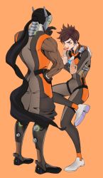 Rule 34 | 1boy, 1girl, armor, bad id, bad twitter id, bodysuit, brown eyes, brown hair, chest harness, cyborg, ear piercing, fingernails, full body, genji (overwatch), gloves, hand on own hip, hand to own mouth, hand up, hands up, harness, headband, helmet, leg up, long sleeves, looking at another, mask, nail polish, open mouth, orange background, overwatch, overwatch 1, piercing, power armor, red nails, reunggoo, shoes, short hair, simple background, sleeveless, smile, smug, spiked hair, standing, standing on one leg, strap, teeth, tracer (overwatch), veil, white footwear