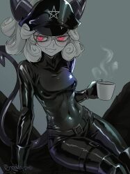 Rule 34 | 1girl, absurdres, alternate costume, belt, black belt, black bodysuit, black headwear, bodysuit, breasts, clenched teeth, commentary, covered navel, cup, curly hair, demon girl, demon tail, glasses, grey background, hat, helltaker, highres, holding, holding cup, latex, latex bodysuit, looking at viewer, medium breasts, noah (tettsui-sole), pandemonica (helltaker), red eyes, short hair, simple background, sitting, sitting on person, smile, symbol-only commentary, tail, teeth, white hair
