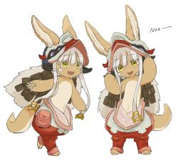 Rule 34 | 1other, absurdres, animal ears, bad id, bad twitter id, catchphrase, furry, highres, kawasemi27, made in abyss, nanachi (made in abyss), open mouth, other focus, smile, tail, walking, white background, white hair, yellow eyes
