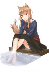 Rule 34 | 1girl, animal ears, barefoot, blouse, blue shirt, brown hair, highres, holo, long hair, orange hair, red eyes, rshow, shirt, simple background, sitting, soaking feet, solo, spice and wolf, tail, white background, wolf ears, wolf girl, wolf tail