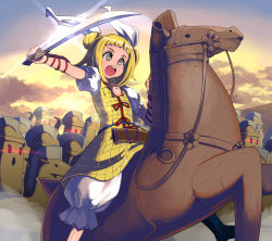 Rule 34 | 1girl, :o, blonde hair, bloomers, boots, brown eyes, cloud, commentary request, double bun, dress, feet out of frame, flower, glint, hair bun, hair ribbon, haniwa (statue), highres, holding, holding sword, holding weapon, horseback riding, joutouguu mayumi, katana, open mouth, outdoors, puffy short sleeves, puffy sleeves, ribbon, riding, rose, shirt, short hair, short sleeves, solo, sword, syope, touhou, underwear, vambraces, weapon, white bloomers, white ribbon, white shirt, yellow dress