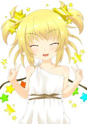 Rule 34 | 1girl, alternate costume, alternate hairstyle, ancient greek clothes, bare shoulders, blonde hair, chiton, closed eyes, double v, fang, flandre scarlet, hair ornament, highres, himenomikan, open mouth, pointy ears, short hair, short twintails, simple background, smile, solo, star (symbol), star hair ornament, toga, touhou, twintails, v, white legwear, wings