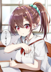 Rule 34 | 1girl, absurdres, ahoge, blurry, blurry background, blush, book, breasts, brown hair, hair between eyes, hair ornament, hairclip, hand in pocket, hand up, highres, holding, holding pen, large breasts, long hair, looking at viewer, original, parted lips, pen, ponytail, red eyes, school uniform, shirt, short sleeves, sitting, solo, speech bubble, takemura kou, translation request, uniform