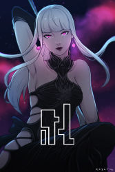 Rule 34 | 1girl, arm up, bare shoulders, black bodysuit, bodysuit, closed mouth, dark background, earrings, elbow gloves, final fantasy, final fantasy xiv, gloves, highres, jewelry, koyorin, lips, long hair, looking at viewer, omega-f, omega (final fantasy), pale skin, pink eyes, ponytail, signature, solo, squatting, white hair