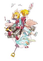 Rule 34 | 1boy, 1girl, 4 (nakajima4423), aqua eyes, back-to-back, bad id, bad pixiv id, bandaid, blonde hair, brother and sister, blowing bubbles, candy, chewing gum, cup, food, fork, hair ornament, hair ribbon, hairclip, jewelry, kagamine len, kagamine rin, leggings, map, necklace, open mouth, paper airplane, ribbon, short hair, shorts, shovel, siblings, sitting, toothbrush, twins, vocaloid, worktool