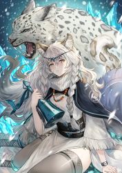 Rule 34 | 1girl, animal ear fluff, animal ears, arknights, bead necklace, beads, bell, black capelet, blush, braid, breasts, capelet, circlet, commentary, dress, earrings, english commentary, eyelashes, fangs, grey eyes, grey thighhighs, hair between eyes, highres, holding, holding bell, ice, jewelry, leopard ears, leopard tail, lips, long hair, looking at viewer, medium breasts, necklace, open mouth, parted lips, pelvic curtain, pramanix (arknights), side braids, silver hair, single earring, sitting, snow, snow leopard, snowing, solo, tail, tassel, tassel earrings, thighhighs, thighs, twin braids, usatorii, watch, white dress, wristwatch