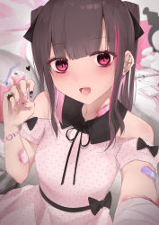 Rule 34 | 1girl, :d, bad id, bad pixiv id, bandaid, bandaid on arm, bandaid on neck, bare shoulders, bendy straw, black bow, black nails, black ribbon, black shirt, blurry, blurry background, bow, breasts, brown hair, can, claw pose, collared shirt, commentary request, depth of field, dress, drinking straw, heart, highres, indoors, kanju, long hair, multicolored hair, multicolored nails, nail art, nail polish, neck ribbon, off-shoulder dress, off shoulder, open mouth, original, pink dress, pink hair, pink nails, polka dot, polka dot dress, ponytail, reaching, reaching towards viewer, red eyes, ribbon, selfie, shirt, short sleeves, sidelocks, sleeveless, sleeveless shirt, slit pupils, small breasts, smile, solo, streaked hair, syringe, yami kawaii