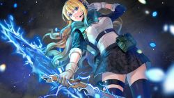 Rule 34 | 1girl, apex legends, ash (titanfall 2), black background, black skirt, black thighhighs, blonde hair, blue eyes, blue hair, breasts, commentary request, commission, cowboy shot, gloves, gradient hair, highres, holding, holding weapon, indie virtual youtuber, long hair, looking at viewer, ma x622, medium breasts, multicolored hair, portal (object), pouch, second-party source, skirt, solo, thighhighs, virtual youtuber, weapon, zeta (vtuber)