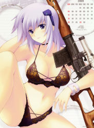 Rule 34 | 00s, 1girl, 2009, absurdres, bra, breasts, calendar, cryska barchenowa, dragunov svd, female focus, gun, highres, large breasts, lingerie, miyata sou, muv-luv, muv-luv alternative, muv-luv total eclipse, non-web source, official art, open \m/, panties, purple eyes, purple hair, rifle, scope, sniper, sniper rifle, solo, svd, thumbhole stock, total eclipse, underwear, underwear only, weapon