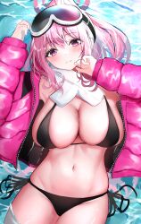 Rule 34 | 1girl, absurdres, bikini, black bikini, blue archive, breasts, commentary request, eimi (blue archive), eimi (swimsuit) (blue archive), goggles, goggles on head, highres, jacket, large breasts, looking at viewer, lying, navel, official alternate costume, on back, open clothes, open jacket, pink eyes, pink hair, pink jacket, ponytail, razerman, scarf, side-tie bikini bottom, solo, swimsuit, water, wet, white scarf