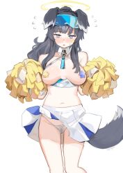 Rule 34 | 1girl, :o, animal ears, areola slip, bags under eyes, black hair, blue archive, blush, breasts, breasts apart, breasts out, cheerleader, collarbone, djheycha, dog ears, feet out of frame, female pubic hair, flying sweatdrops, goggles, goggles on head, halo, hibiki (blue archive), hibiki (cheer squad) (blue archive), highres, holding, holding pom poms, looking at viewer, medium breasts, miniskirt, navel, nose blush, official alternate costume, panties, pasties, pleated skirt, pom pom (cheerleading), pom poms, ponytail, pubic hair, see-through panties, sidelocks, simple background, skirt, solo, star maebari, star pasties, star sticker, sticker on face, string panties, sweatdrop, tears, underwear, upskirt, white background, white panties