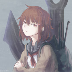 Rule 34 | 1girl, anchor, anchor symbol, black sailor collar, brown cardigan, brown eyes, brown hair, cardigan, commentary request, from side, grey background, hair between eyes, hair ornament, hairclip, hand on own arm, head tilt, ikazuchi (kancolle), kantai collection, long sleeves, looking at viewer, looking to the side, medium hair, neckerchief, pink lips, red neckerchief, sack, sailor collar, school uniform, serafuku, short hair, sketch, solo, twitter username, upper body, yomi (yomi14 pyaon)