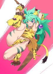 Rule 34 | 1girl, absurdres, animal ears, animal hands, animal print, armpits, blue eyes, boomerang, breasts, cham cham, claws, dress, facial mark, female focus, full body, gloves, green hair, highres, jewelry, jumping, necklace, no panties, one eye closed, paw gloves, paw shoes, samurai spirits, shirou, small breasts, smile, solo, tail, tiger ears, tiger print, tiger tail, torn clothes