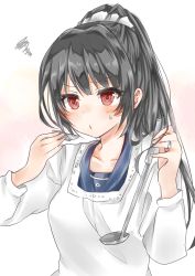 Rule 34 | 10s, 1girl, absurdres, alternate hairstyle, apron, black hair, blush, collarbone, cooking, hair ornament, hair scrunchie, high ponytail, highres, hoshimiya nazuna, isokaze (kancolle), jewelry, kantai collection, kappougi, ladle, long hair, long sleeves, plate, ponytail, red eyes, ring, saucer, scrunchie, solo, tasting plate, wedding band