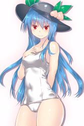 Rule 34 | &gt;:), 1girl, bad id, bad pixiv id, blue hair, collarbone, cowboy shot, food, fruit, hand on own chest, hat, highres, hinanawi tenshi, long hair, looking at viewer, old school swimsuit, one-piece swimsuit, peach, red eyes, school swimsuit, shiny clothes, smile, solo, swimsuit, touhou, v-shaped eyebrows, very long hair, white one-piece swimsuit, white school swimsuit, yonaga (masa07240)