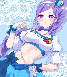 Rule 34 | 1girl, absurdres, blue choker, blue eyes, blue shirt, blue skirt, bow, breasts, choker, cure berry, earrings, floral background, fresh precure!, hair ornament, hairband, heart, heart hair ornament, highres, jewelry, long hair, magical girl, midriff, mikorin, navel, ponytail, precure, purple eyes, purple hair, shirt, skirt, small breasts, smile, solo, upper body
