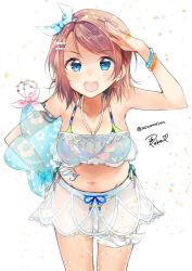 Rule 34 | 1girl, :d, bikini, bikini skirt, blue bow, blue eyes, blue ribbon, bow, bracelet, breasts, brown hair, collarbone, commentary request, earrings, grey hair, hair ornament, hair ribbon, hairclip, halterneck, highres, inflatable toy, jewelry, leaning forward, looking at viewer, love live!, love live! school idol festival, love live! sunshine!!, medium breasts, navel, open mouth, peke (xoxopeke), ribbon, round teeth, salute, see-through, signature, smile, solo, stomach tattoo, swimsuit, tattoo, teeth, twitter username, upper teeth only, watanabe you, white background, wrist bow, wrist flower