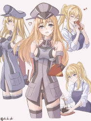 Rule 34 | 1girl, absurdres, anchor ornament, atodashi, baking, bare shoulders, bismarck (kancolle), black gloves, black panties, blonde hair, blue eyes, box, box of chocolates, breasts, commentary request, elbow gloves, gloves, grey thighhighs, hair between eyes, hat, heart, highres, holding, holding box, incoming gift, kantai collection, large breasts, long hair, military hat, military uniform, mixing bowl, multiple views, musical note, panties, peaked cap, ponytail, red gloves, sideboob, simple background, smile, thighhighs, twitter username, two-tone gloves, underwear, uniform