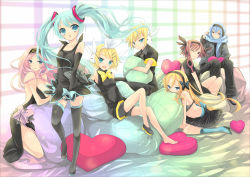 Rule 34 | 2boys, 5girls, alternate costume, bad id, bad pixiv id, barefoot, blue scarf, boots, bow, detached sleeves, dress, hatsune miku, highres, kagamine len, kagamine rin, kaito (vocaloid), lily (vocaloid), megurine luka, meiko (vocaloid), multiple boys, multiple girls, necktie, one eye closed, open mouth, rabbit, sakurai unan, scarf, sitting, skirt, smile, thigh boots, thighhighs, twintails, vocaloid, wink
