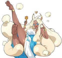 Rule 34 | 1girl, anklet, bare shoulders, barefoot, blue eyes, blue eyeshadow, blue nails, bracelet, breasts, colored eyelashes, cookie run, dark skin, dress, eyeshadow, feet, highres, hikimayu, jewelry, large breasts, legs, legs up, long hair, looking at viewer, makeup, mozzarella cookie, nail polish, ohta guk hip, one eye closed, simple background, soles, solo, toenail polish, toenails, toes, very long hair, white background, white hair