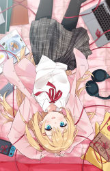 Rule 34 | 1girl, absurdres, akai haato, arms up, bad id, bad twitter id, bed, bed sheet, black pantyhose, black skirt, blonde hair, blue eyes, blush, book, breast pocket, cellphone, collared shirt, commentary, computer, from above, game console, haaton (akai haato), hair ornament, hairclip, headphones, highres, hololive, jacket, laptop, long hair, long sleeves, looking at viewer, lying, miniskirt, mousou (mousou temporary), neck ribbon, on back, on bed, open book, open clothes, open jacket, pantyhose, parted lips, phone, pink jacket, plaid, plaid skirt, pleated skirt, pocket, red ribbon, ribbon, school uniform, shirt, skirt, sleeves past wrists, smartphone, smile, solo, stuffed toy, upside-down, very long hair, virtual youtuber, white shirt