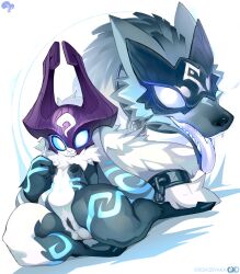 Rule 34 | 1girl, :3, animal ears, ass, black fur, body fur, body markings, colored tongue, fur collar, fusion, glowing, glowing eyes, green tongue, highres, kindred (league of legends), krokobyaka, lamb (league of legends), league of legends, mask, midna, nintendo, pussy, sheep ears, simple background, sitting, smile, the legend of zelda, the legend of zelda: twilight princess, white background, white fur, wolf (league of legends)