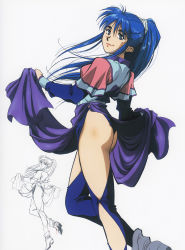 Rule 34 | 1990s (style), 1girl, blue eyes, blue hair, high ponytail, highres, lifting own clothes, long hair, long sleeves, looking at viewer, mikimoto haruhiko, nataruma, official art, orguss, orguss 02, pelvic curtain, retro artstyle, scarf, self exposure, simple background, solo, variations, white background