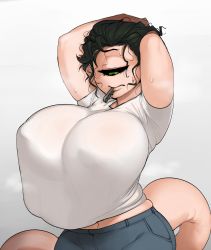 Rule 34 | 1girl, adjusting hair, arms up, bad id, bad pixiv id, black sclera, breasts, colored sclera, colored skin, commentary, covered erect nipples, curvy, cyclops, denim, english commentary, eyelashes, green eyes, green hair, hair ornament, hair pulled back, hairclip, hands in hair, highres, huge breasts, jeans, krekkov, lips, messy hair, monster girl, mouth hold, navel, no bra, one-eyed, original, pants, pink skin, see-through, shirt, shirt overhang, solo, sweat, nervous sweating, t-shirt, tail, white background, white shirt