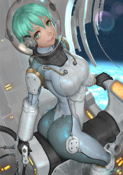 Rule 34 | 1girl, aqua eyes, aqua hair, ariverkao, ass, bodysuit, breasts, closed mouth, from behind, gloves, headphones, large breasts, looking at viewer, original, planet, science fiction, short hair, sitting, skin tight, solo, space, spacesuit
