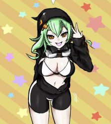 Rule 34 | 1girl, artist request, breasts, digimon, green hair, highres, hood, hoodie, jacket, large breasts, looking at viewer, navel, open clothes, open jacket, open mouth, shinomiya rina, smile, wide hips