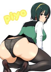 Rule 34 | 1girl, ass, black panties, black skirt, black thighhighs, brown eyes, green hair, green vest, hairband, highres, idolmaster, idolmaster (classic), lace, lace panties, long sleeves, looking at viewer, looking back, mole, mole under mouth, open mouth, otonashi kotori, panties, shirt, short hair, simple background, sitting, skirt, solo, thighhighs, underwear, unknownenginee1, vest, white background, white shirt, yellow hairband