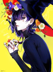 Rule 34 | 1girl, aimitkkays, black hat, black sweater, blue flower, breasts, bud, commentary, english commentary, eyelashes, facial mark, flower, from side, hair behind ear, hair flower, hair ornament, hair over eyes, hand up, hat, highres, holding, holding own hair, hunched over, jewelry, long hair, long sleeves, looking at viewer, looking to the side, morning glory, nail polish, orange flower, original, parted lips, petals, purple eyes, purple flower, purple hair, red flower, red lips, red nails, ring, sideways glance, sleeves past wrists, solo, sweater, turtleneck, turtleneck sweater, two-sided fabric, two-sided headwear, white flower, witch, witch hat, yellow background