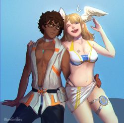 Rule 34 | 1boy, 1girl, absurdres, arm around shoulder, arm around waist, bikini, breast tattoo, breasts, chest jewel, cleavage, dark-skinned male, dark skin, eunie (xenoblade), glasses, head wings, highres, klume (klumescribbles), navel, official alternate costume, open mouth, sarong, smile, stomach, swimsuit, taion (xenoblade), tattoo, wings, xenoblade chronicles (series), xenoblade chronicles 3