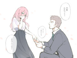 Rule 34 | 1boy, 1girl, asutora, black skirt, blush, brown hair, covering own mouth, crying, formal, hand over own mouth, jewelry, kneeling, looking at another, manly, marriage proposal, original, ring, short hair, short sleeves, skirt, speech bubble, standing, suit, tears, translation request