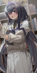 Rule 34 | 1girl, :d, black hair, blue archive, blush, book, bookshelf, cardigan, commentary, hairband, halo, haowei wu, highres, jewelry, long hair, looking at viewer, necklace, off shoulder, open mouth, pleated skirt, purple eyes, school uniform, serafuku, skirt, smile, solo, sweatdrop, turtleneck, ui (blue archive)